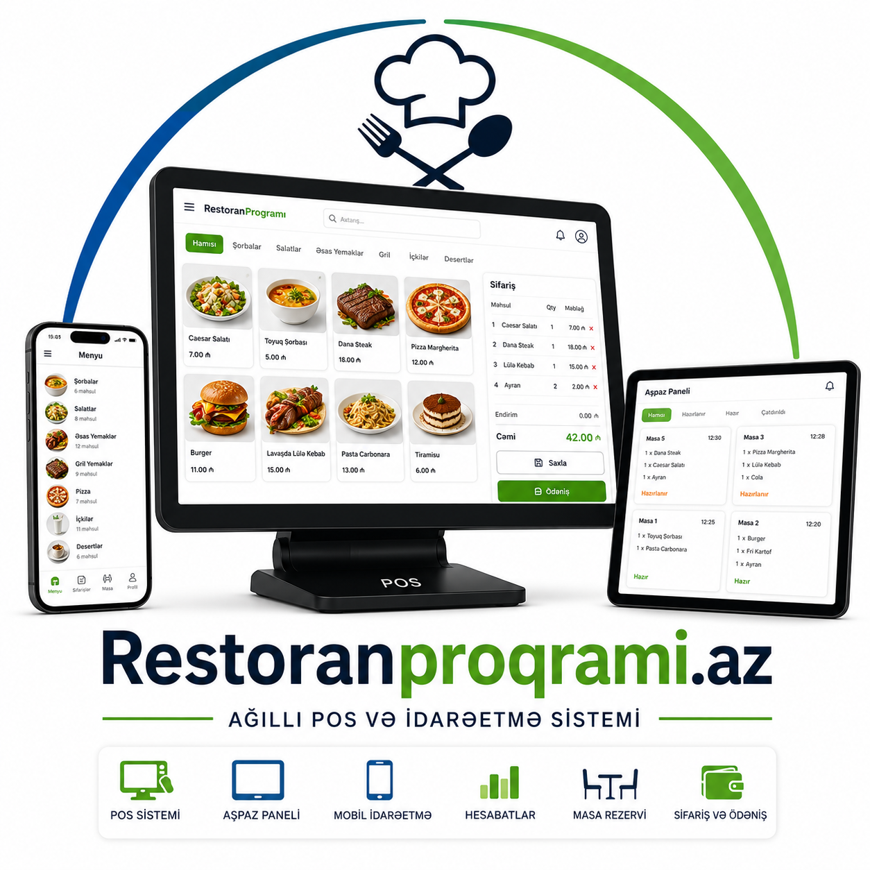 Restoran proqramı — POS sistemi, aşpaz paneli və mobil idarəetmə ekranları